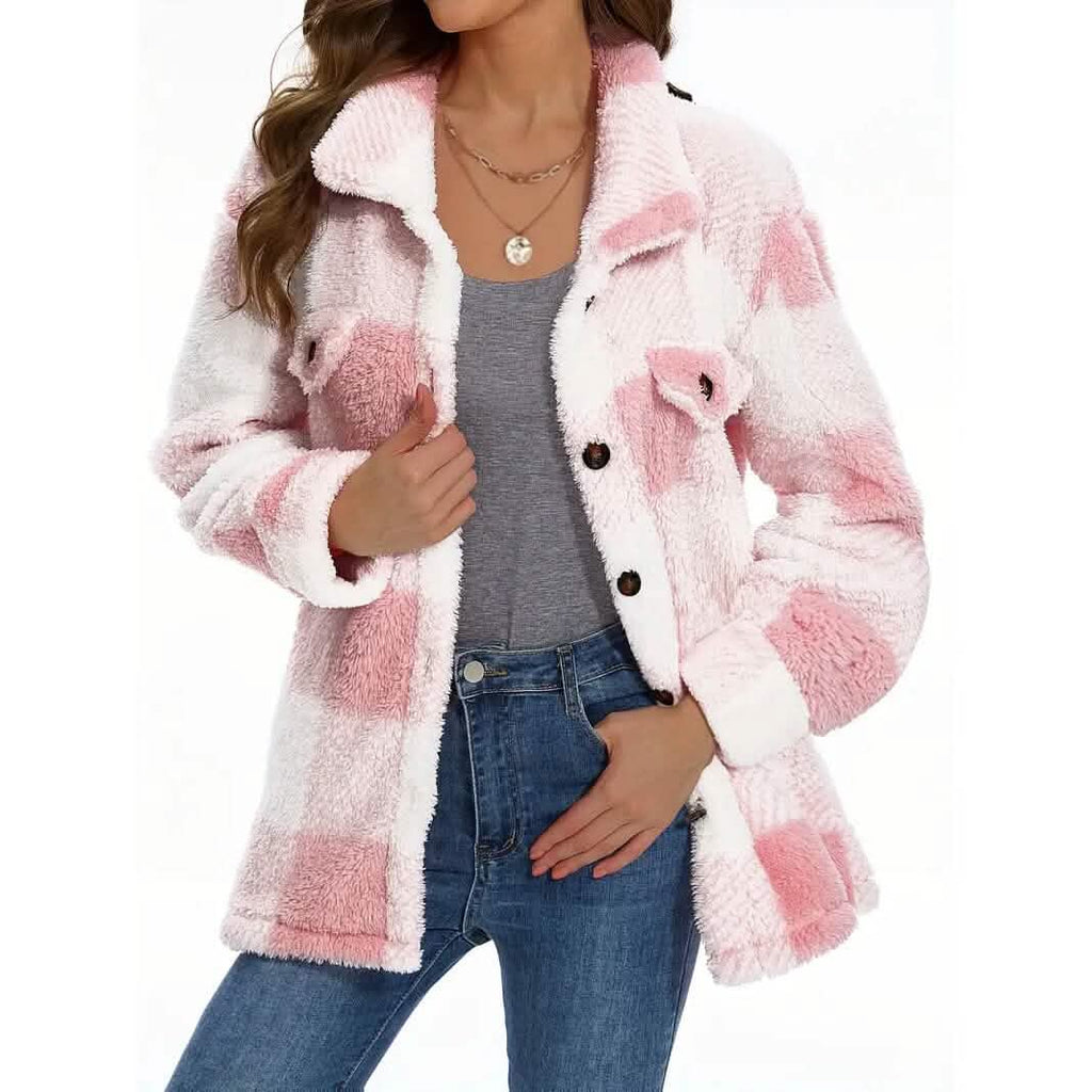 Manteau en peluche à carreaux boutonné pour femme