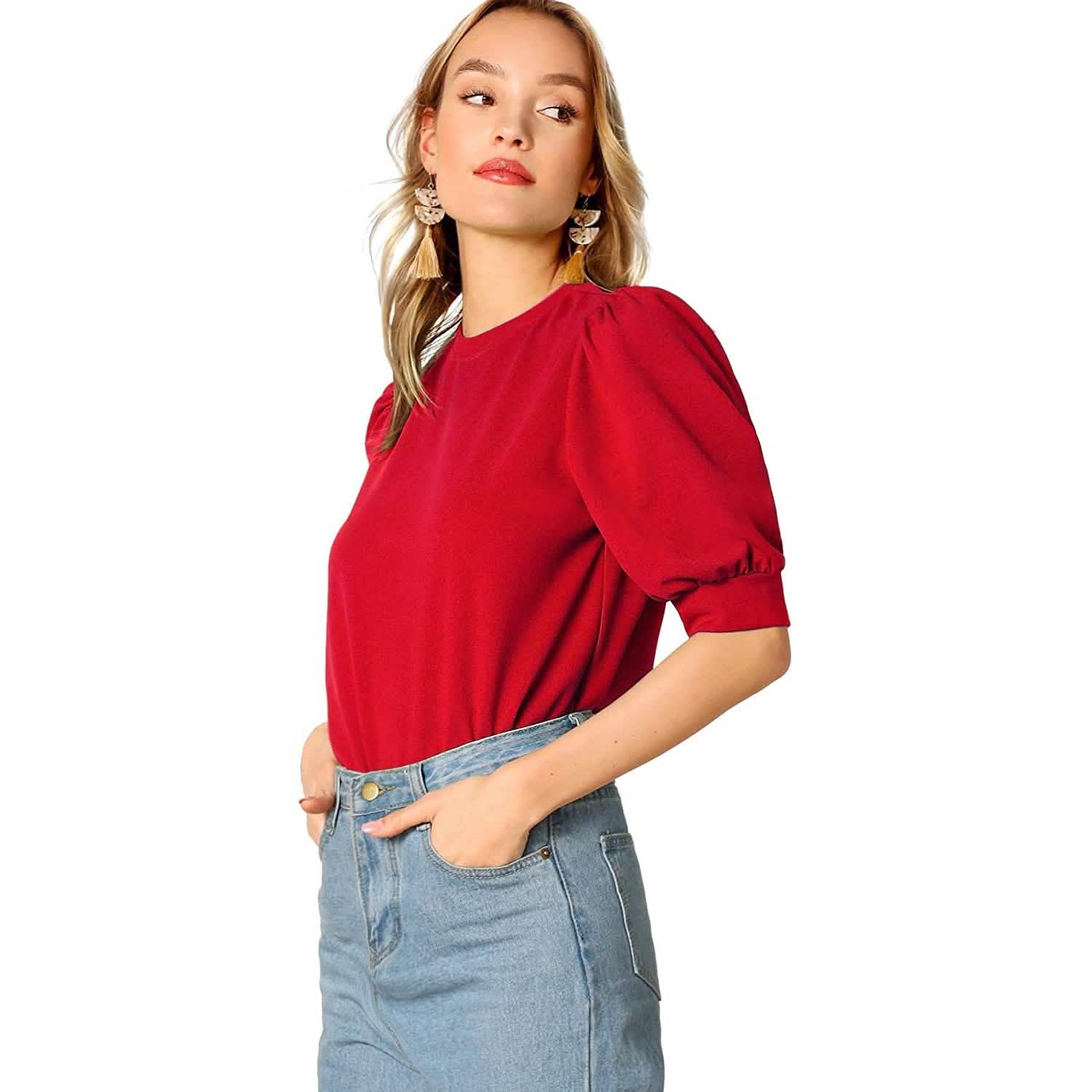 Chemisier à manches bouffantes et dos festonné pour femme