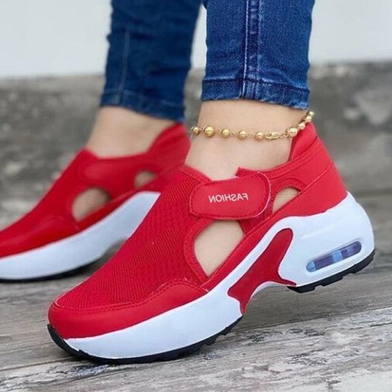 Baskets rouges pour femmes Chaussures à coussin d'air Femme Baskets en maille Respirantes Plates Baskets décontractées à coussin d'air Légères Antidérapantes Sport Jogging Gym Fitness Entraînement Tennis Marche Espadrilles