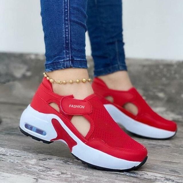 Baskets rouges pour femmes Chaussures à coussin d'air Femme Baskets en maille Respirantes Plates Baskets décontractées à coussin d'air Légères Antidérapantes Sport Jogging Gym Fitness Entraînement Tennis Marche Espadrilles