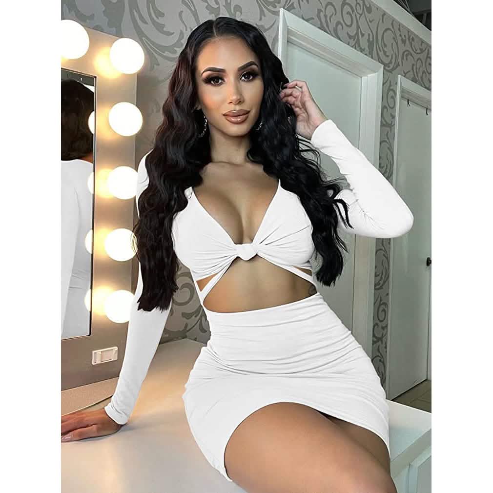 Robe mini moulante sexy pour femme avec décolleté en V profond, manches longues et découpes, idéale pour les sorties en club