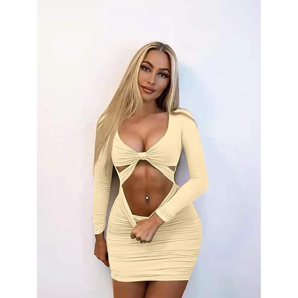 Robe mini moulante sexy pour femme avec décolleté en V profond, manches longues et découpes, idéale pour les sorties en club