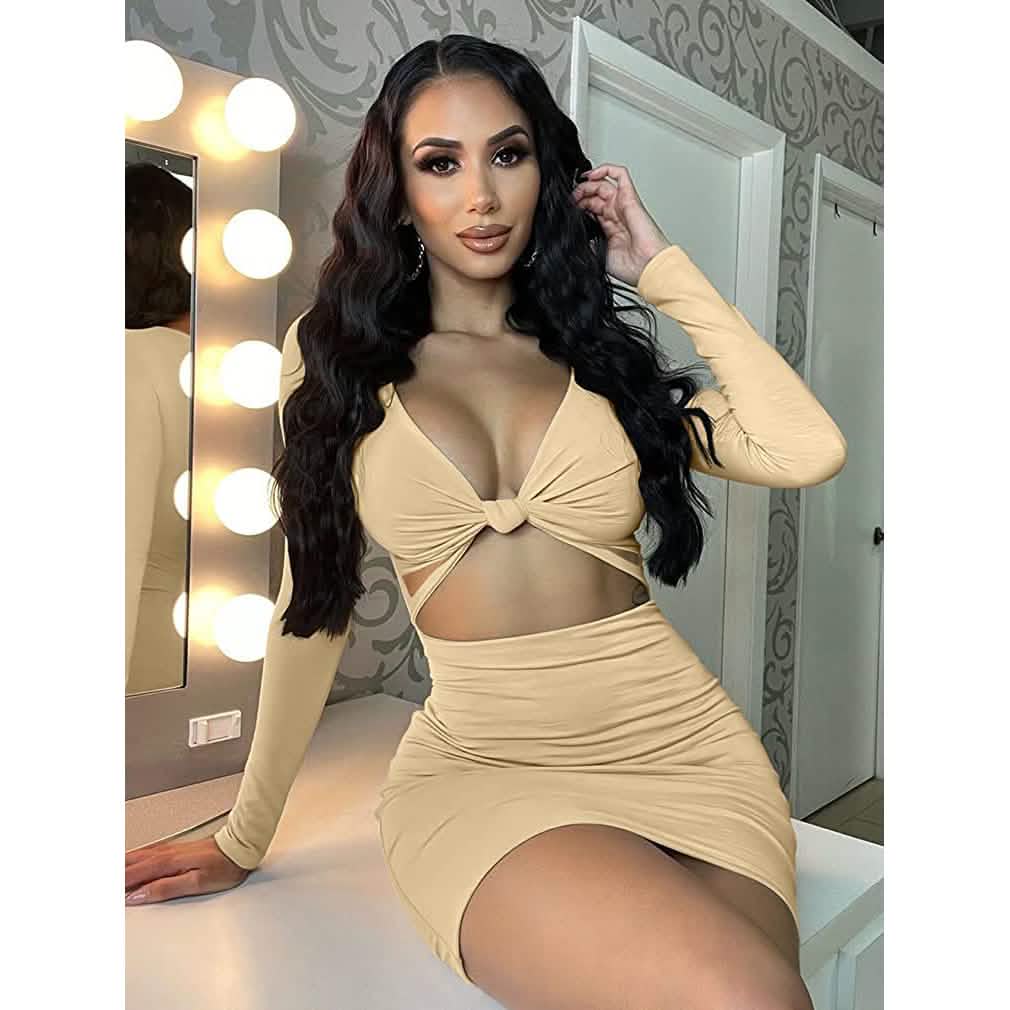 Robe mini moulante sexy pour femme avec décolleté en V profond, manches longues et découpes, idéale pour les sorties en club