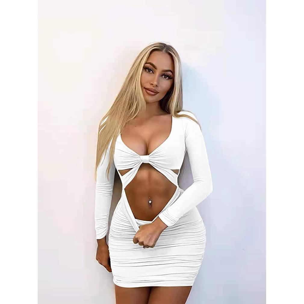 Robe mini moulante sexy pour femme avec décolleté en V profond, manches longues et découpes, idéale pour les sorties en club