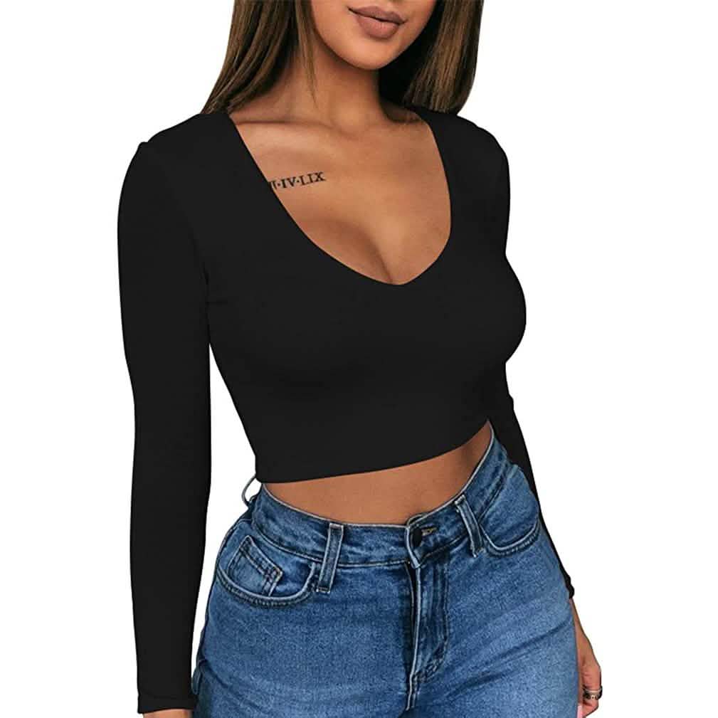 Haut court moulant sexy à col dégagé et manches longues pour femme