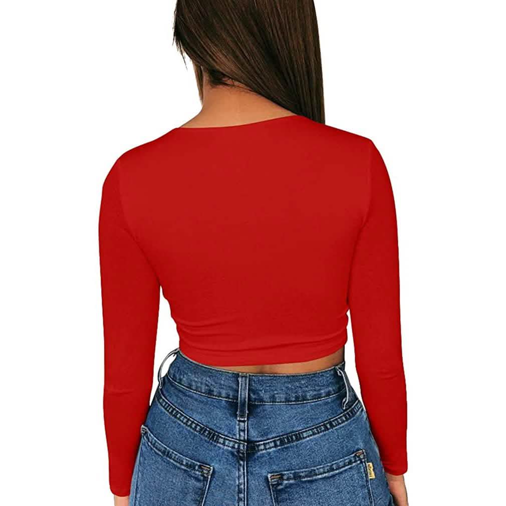 Haut court moulant sexy à col dégagé et manches longues pour femme