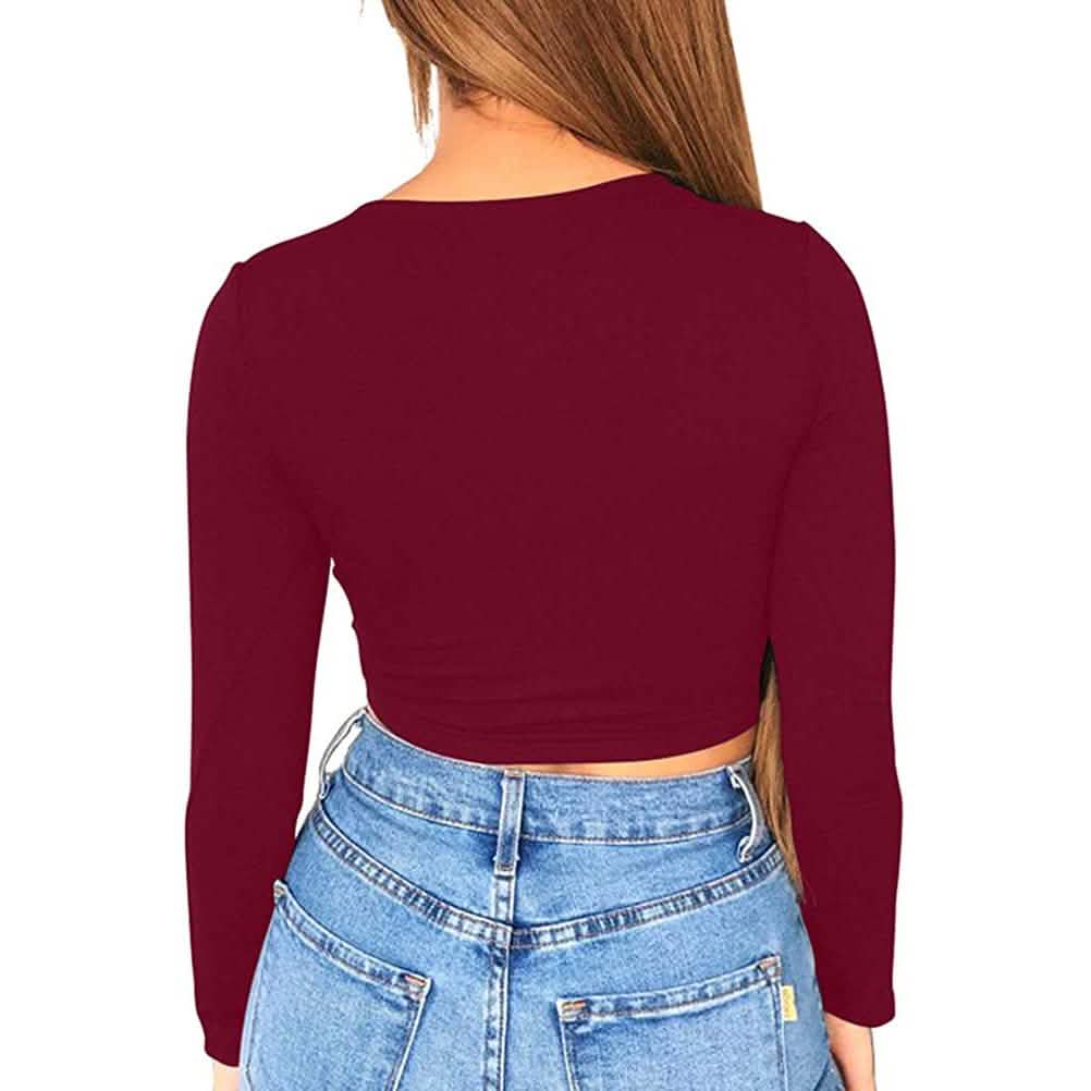 Haut court moulant sexy à col dégagé et manches longues pour femme