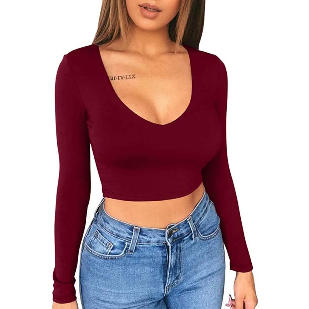 Haut court moulant sexy à col dégagé et manches longues pour femme