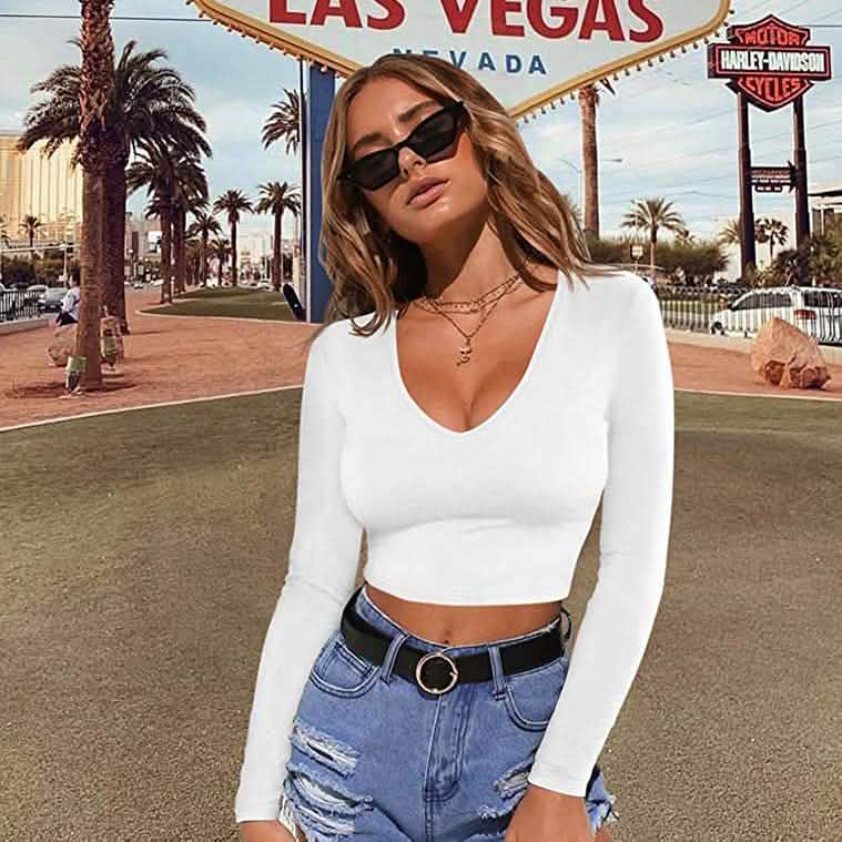 Haut court moulant sexy à col dégagé et manches longues pour femme