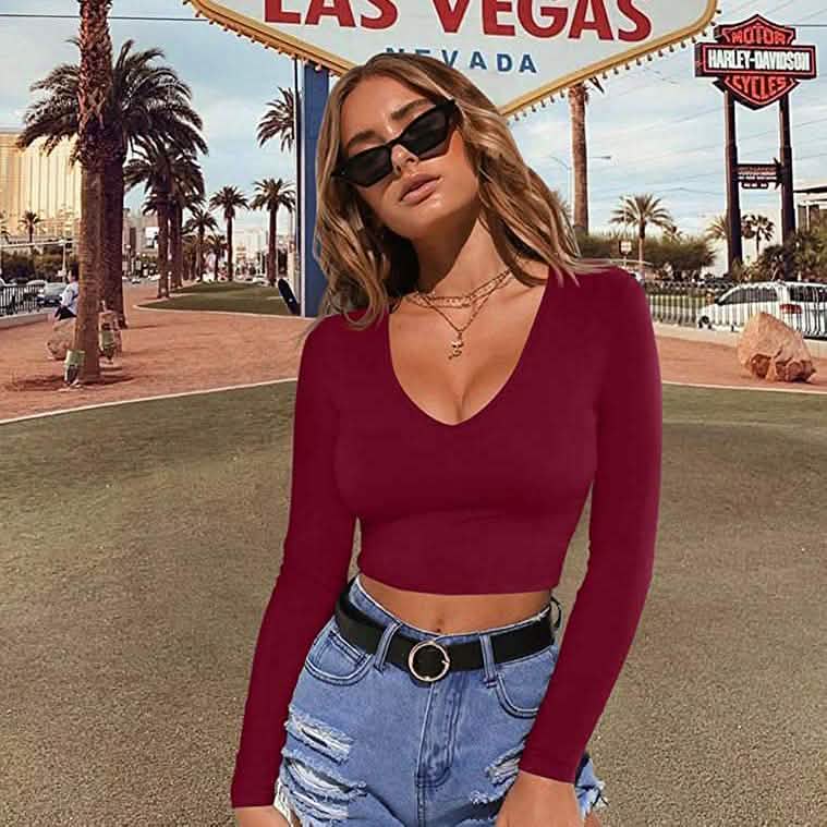 Haut court moulant sexy à col dégagé et manches longues pour femme