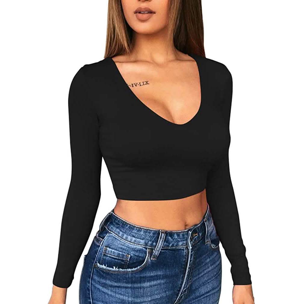 Haut court moulant sexy à col dégagé et manches longues pour femme