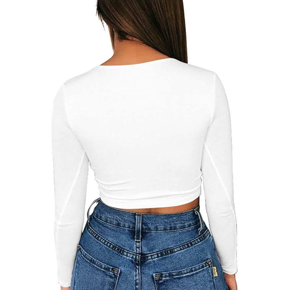 Haut court moulant sexy à col dégagé et manches longues pour femme