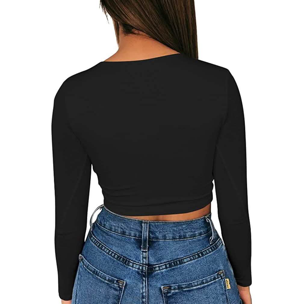 Haut court moulant sexy à col dégagé et manches longues pour femme