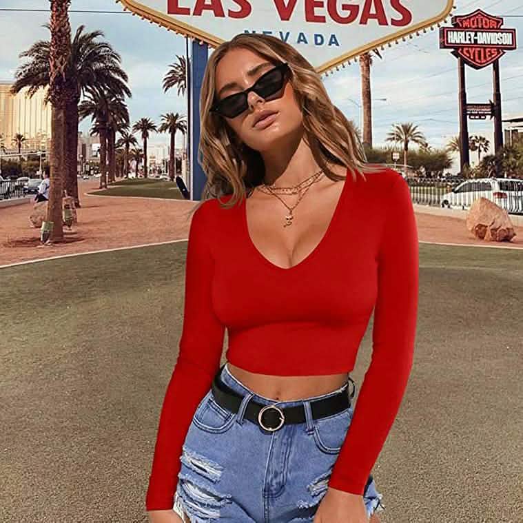 Haut court moulant sexy à col dégagé et manches longues pour femme