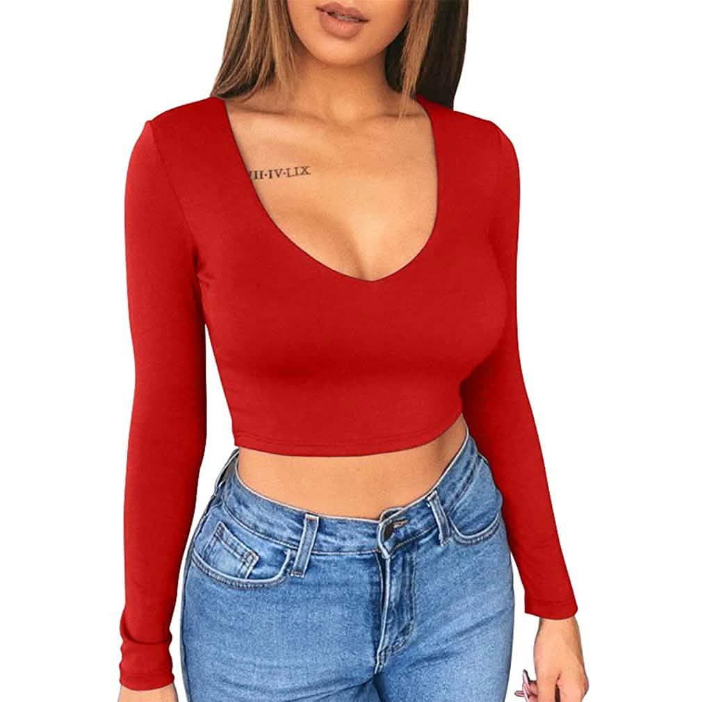 Haut court moulant sexy à col dégagé et manches longues pour femme