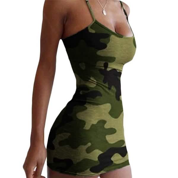 Mini-robe camouflage sexy sans manches pour femme
