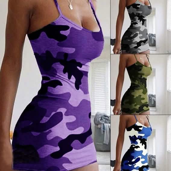 Mini-robe camouflage sexy sans manches pour femme