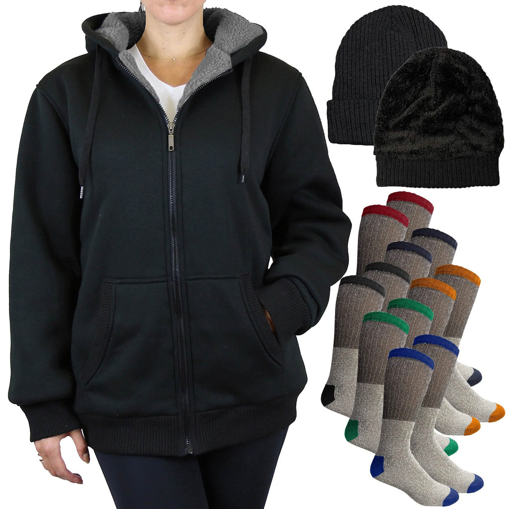Ensemble cadeau pour femme comprenant un sweat à capuche Sherpa, un bonnet et des chaussettes thermiques