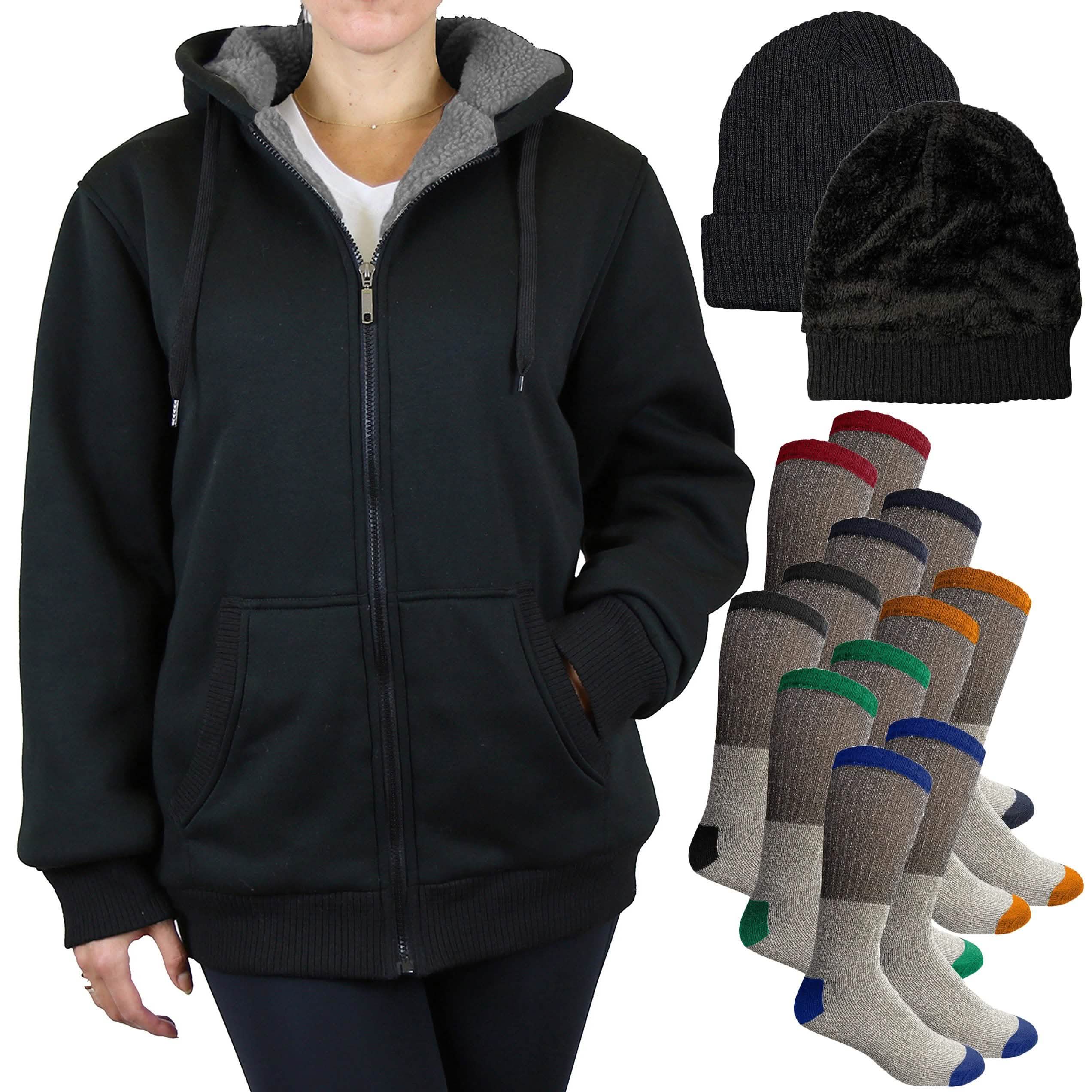 Ensemble cadeau pour femme comprenant un sweat à capuche Sherpa, un bonnet et des chaussettes thermiques