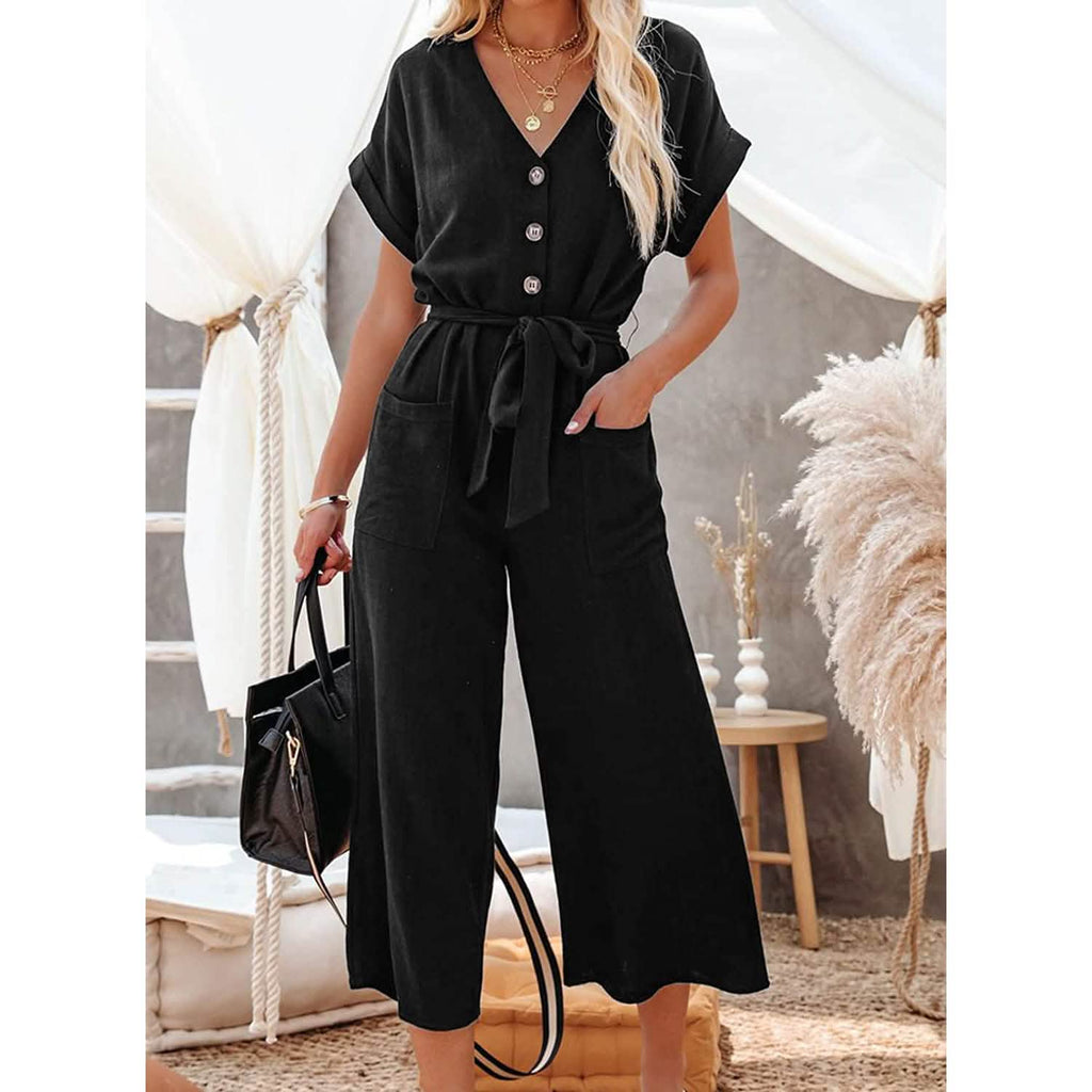 Combinaison Femme Jambes Larges avec Boutons, Ceinture, Col en V et Manches Courtes