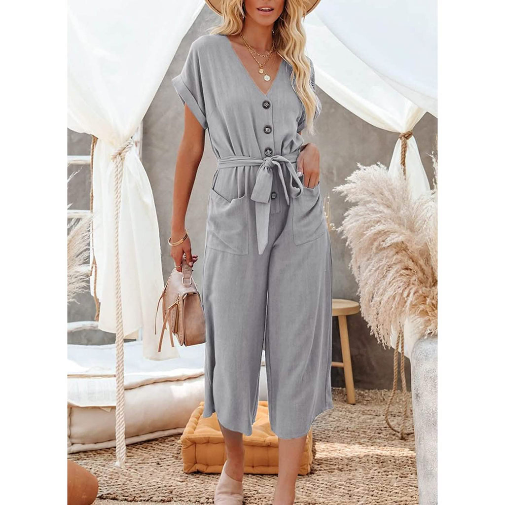 Combinaison Femme Jambes Larges avec Boutons, Ceinture, Col en V et Manches Courtes