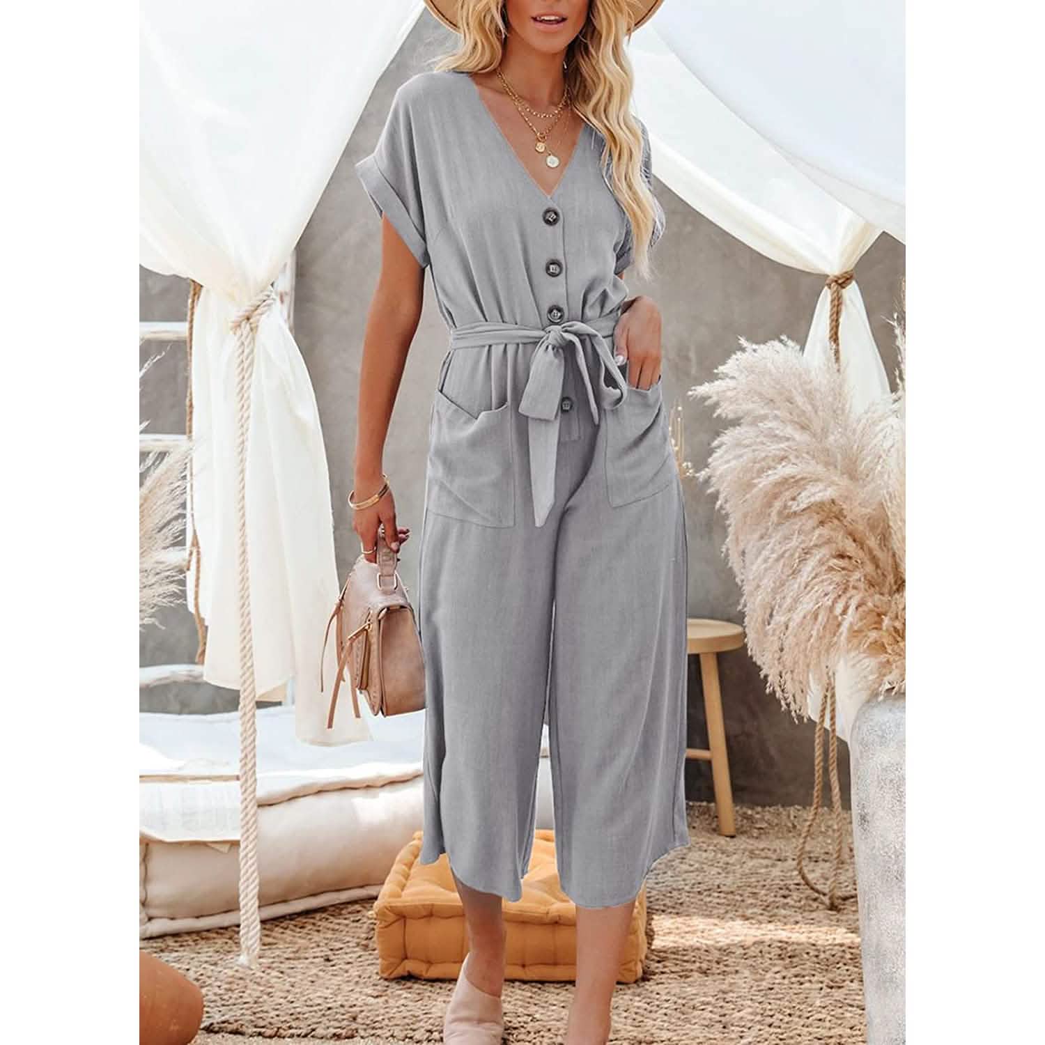 Combinaison Femme Jambes Larges avec Boutons, Ceinture, Col en V et Manches Courtes