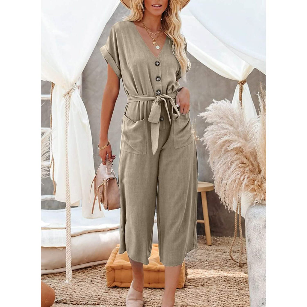 Combinaison Femme Jambes Larges avec Boutons, Ceinture, Col en V et Manches Courtes
