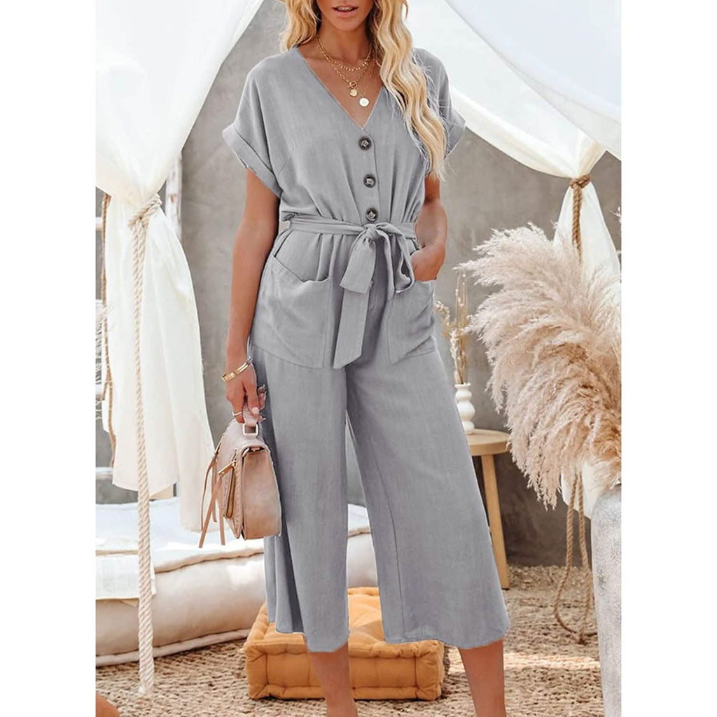 Combinaison Femme Jambes Larges avec Boutons, Ceinture, Col en V et Manches Courtes