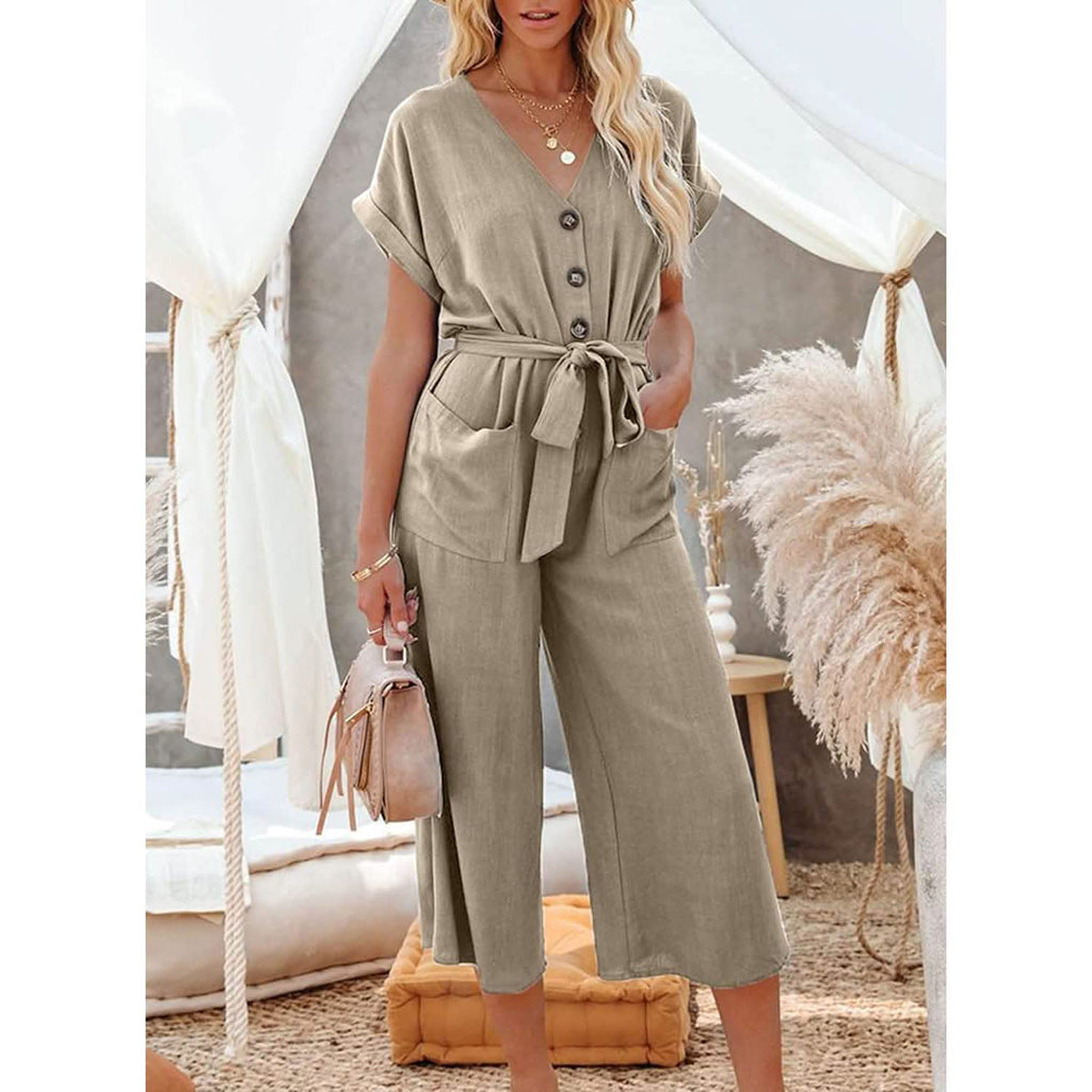 Combinaison Femme Jambes Larges avec Boutons, Ceinture, Col en V et Manches Courtes