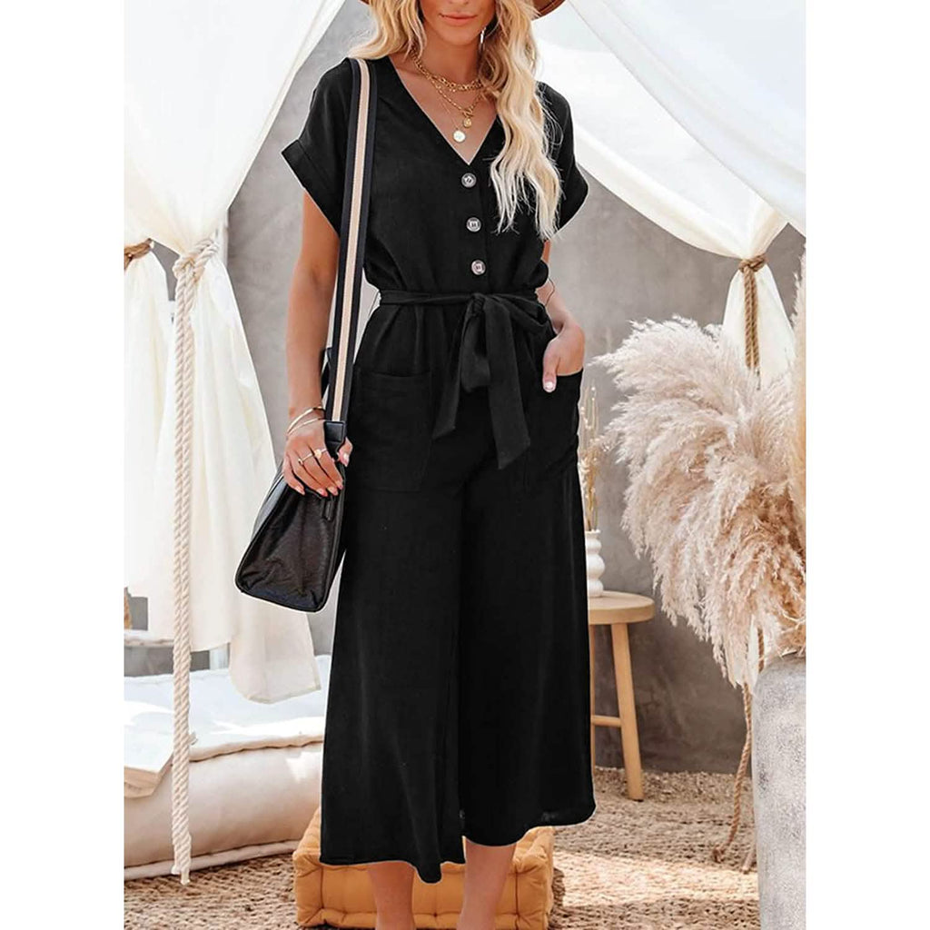 Combinaison Femme Jambes Larges avec Boutons, Ceinture, Col en V et Manches Courtes