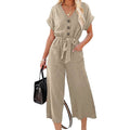 Combinaison Femme Jambes Larges avec Boutons, Ceinture, Col en V et Manches Courtes