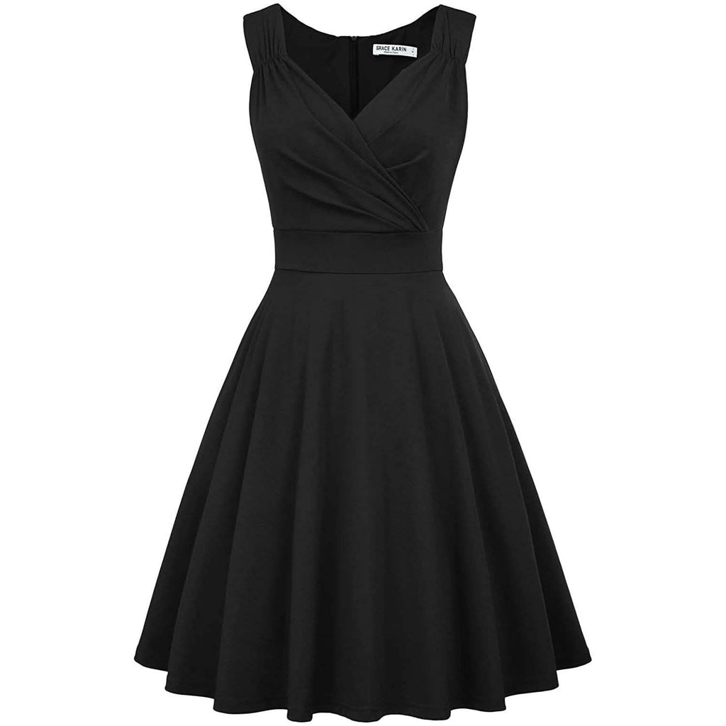 Robe de soirée cocktail trapèze sans manches à col en V pour femme
