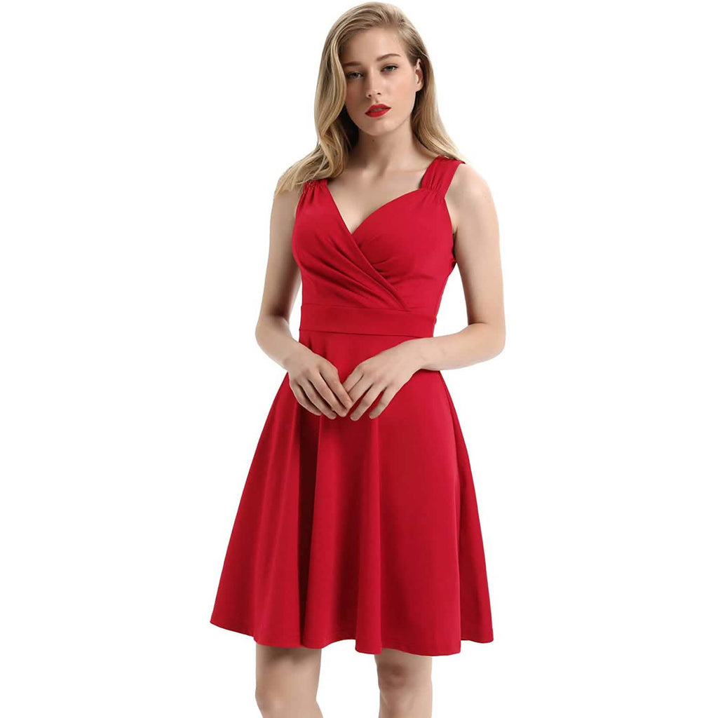 Robe de soirée cocktail trapèze sans manches à col en V pour femme