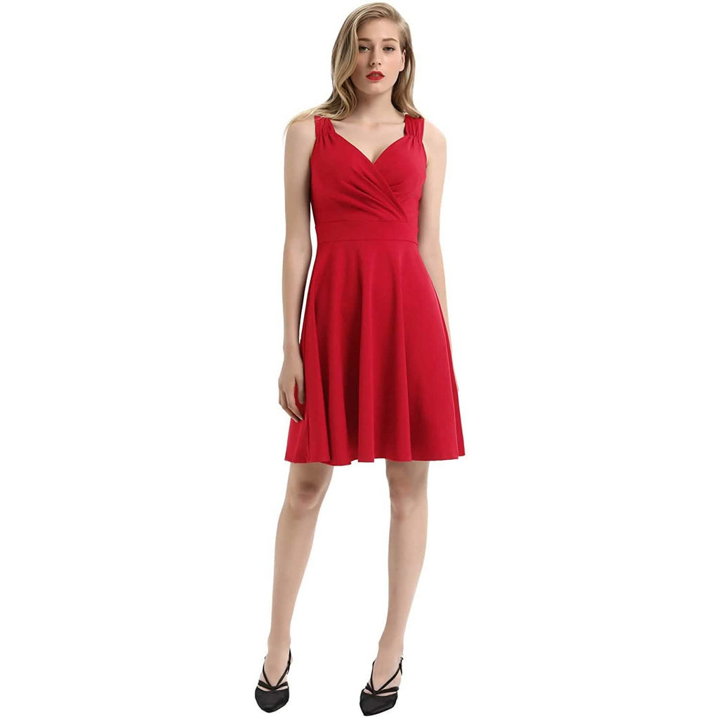 Robe de soirée cocktail trapèze sans manches à col en V pour femme