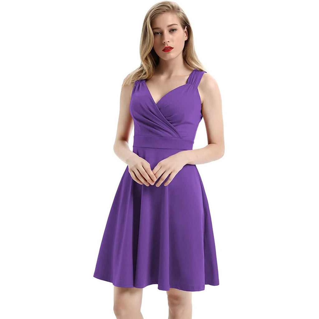 Robe de soirée cocktail trapèze sans manches à col en V pour femme