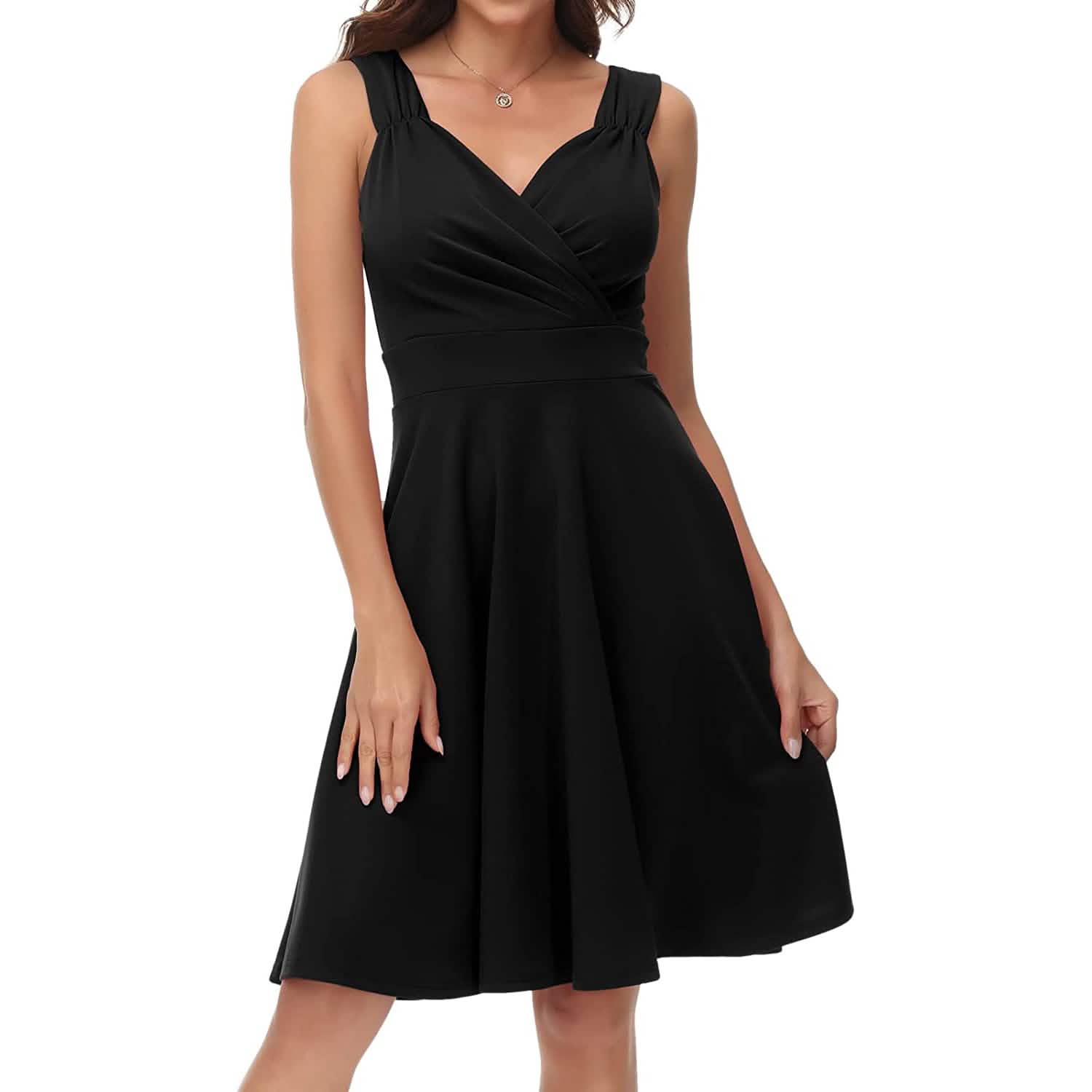 Robe de soirée cocktail trapèze sans manches à col en V pour femme