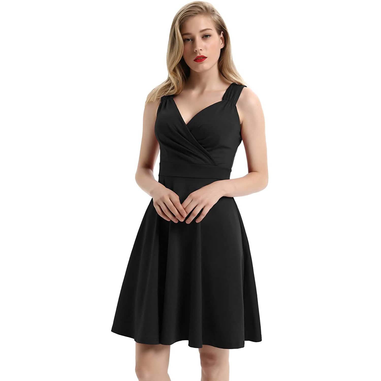 Robe de soirée cocktail trapèze sans manches à col en V pour femme