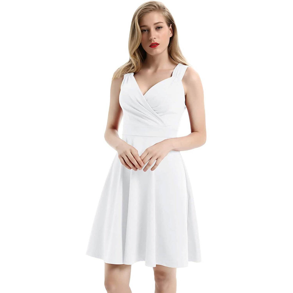 Robe de soirée cocktail trapèze sans manches à col en V pour femme