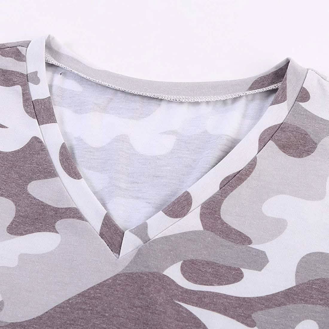 T-shirts Femme Été Camouflage Col V Manches Courtes Hauts Blouse Décontractés Amples