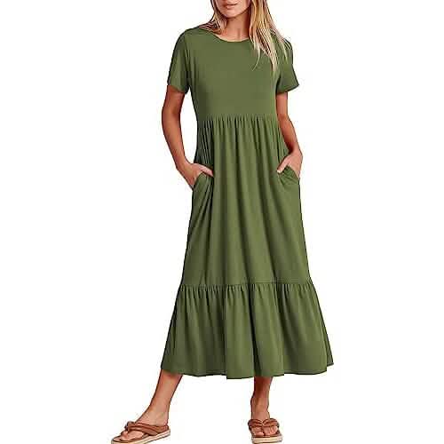 Robe trapèze décontractée à manches courtes et col rond pour femme