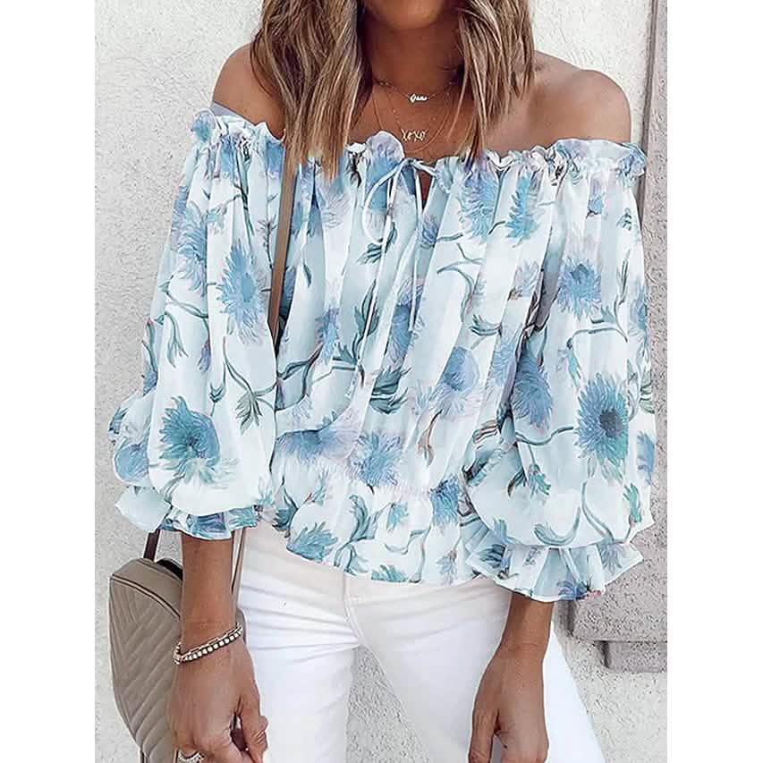 T-shirt Femme Imprimé Floral Top Épaules Dénudées Manches Bouffantes