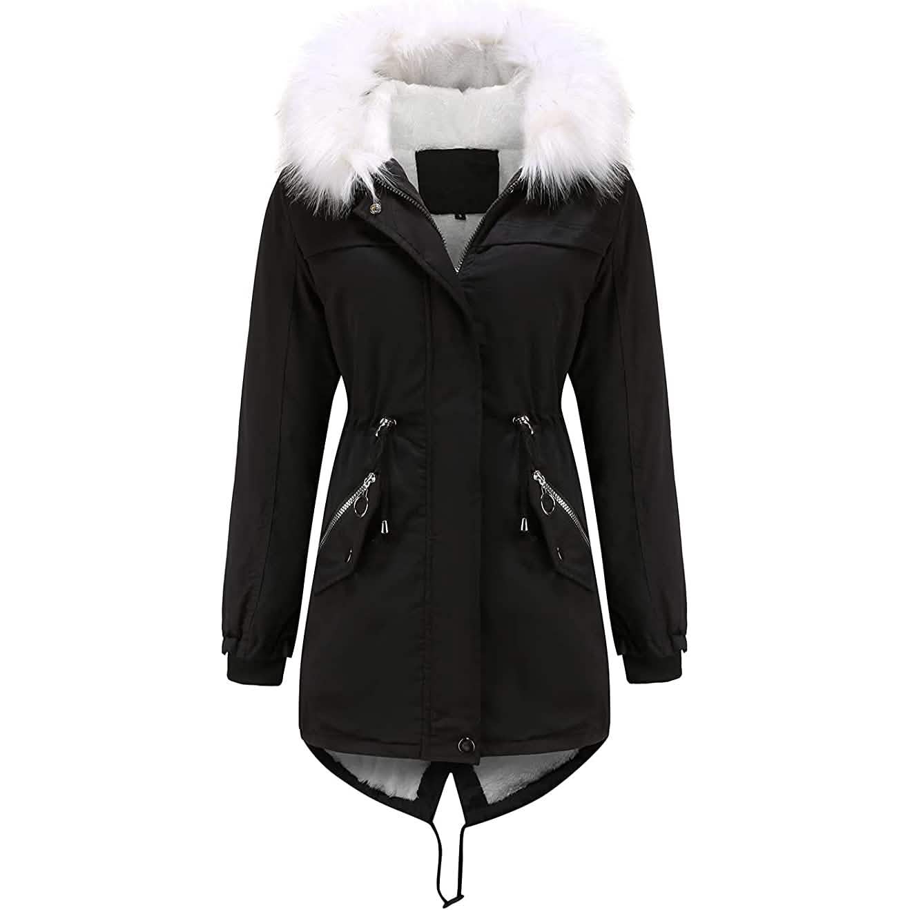 Parka d'hiver épaisse et chaude doublée polaire pour femme avec capuche moelleuse