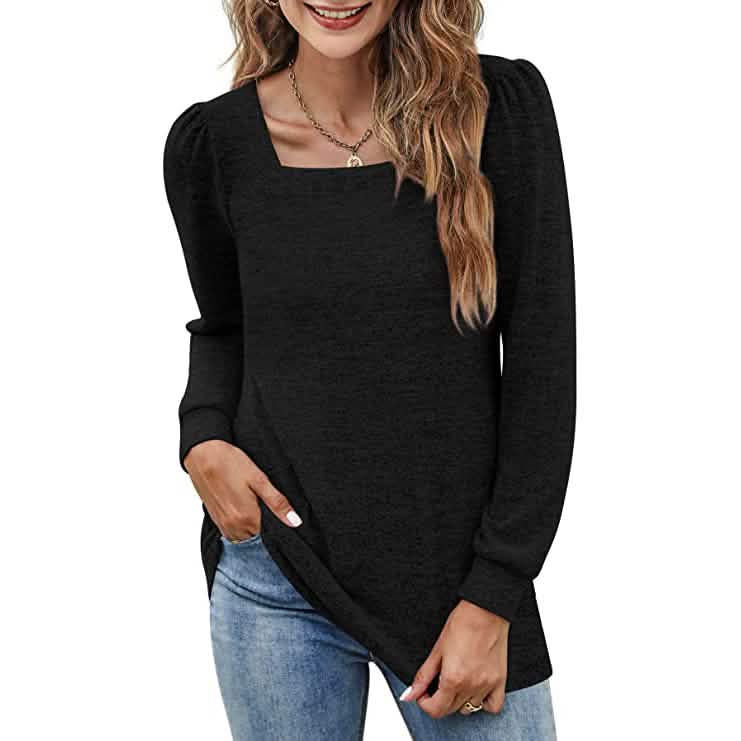 Haut tunique pour femme, encolure carrée, manches bouffantes