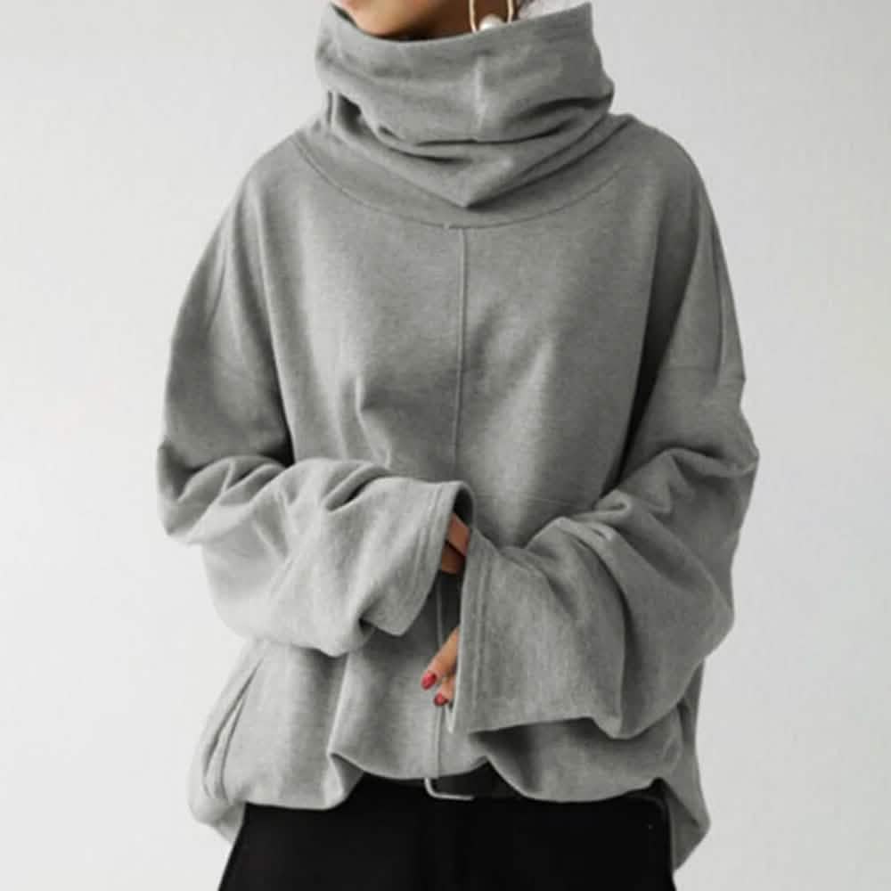 Sweat-shirt pull à col roulé ample et uni à manches larges pour femme