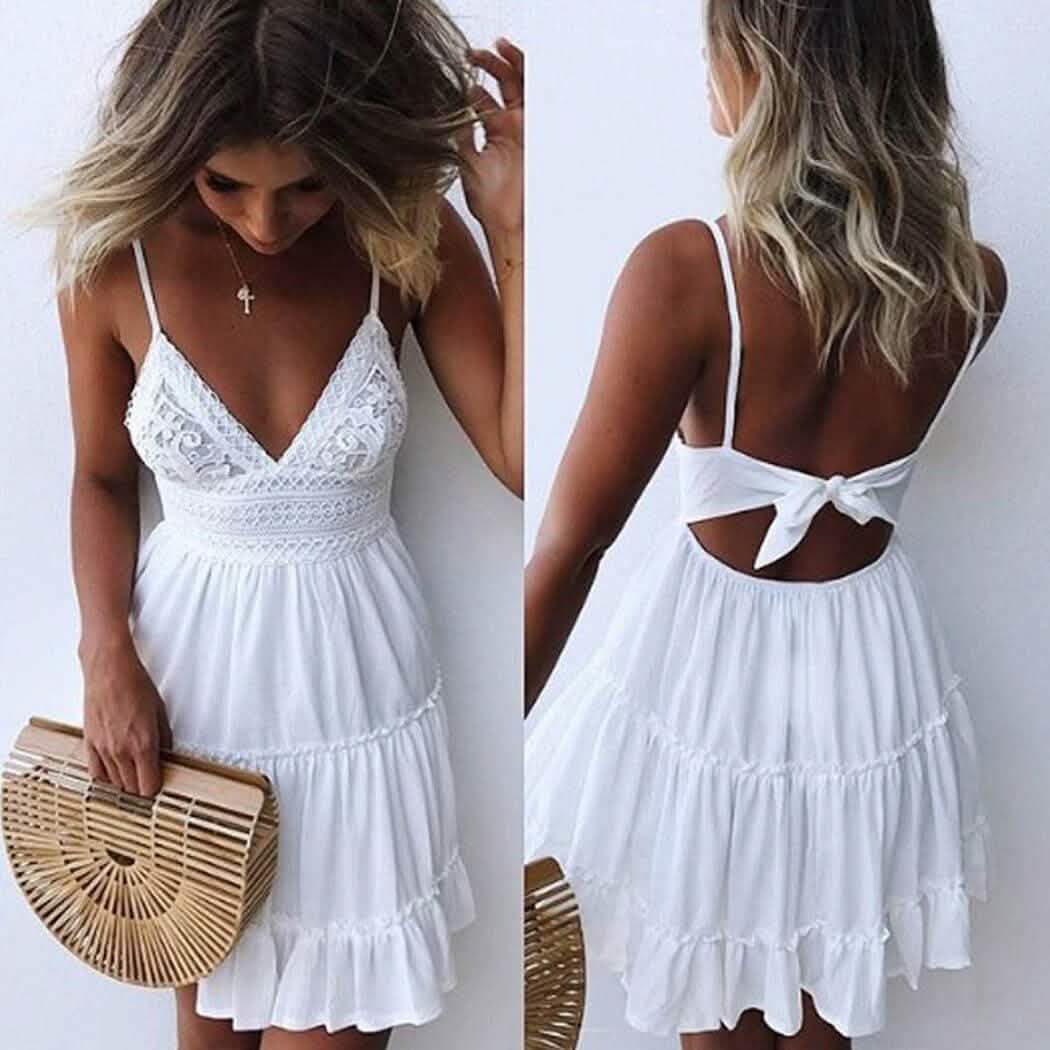 Robe Patineuse Courte sans Manches en Dentelle, sans Dos, avec Bretelles Fines et Nœud dans le Dos pour Femme