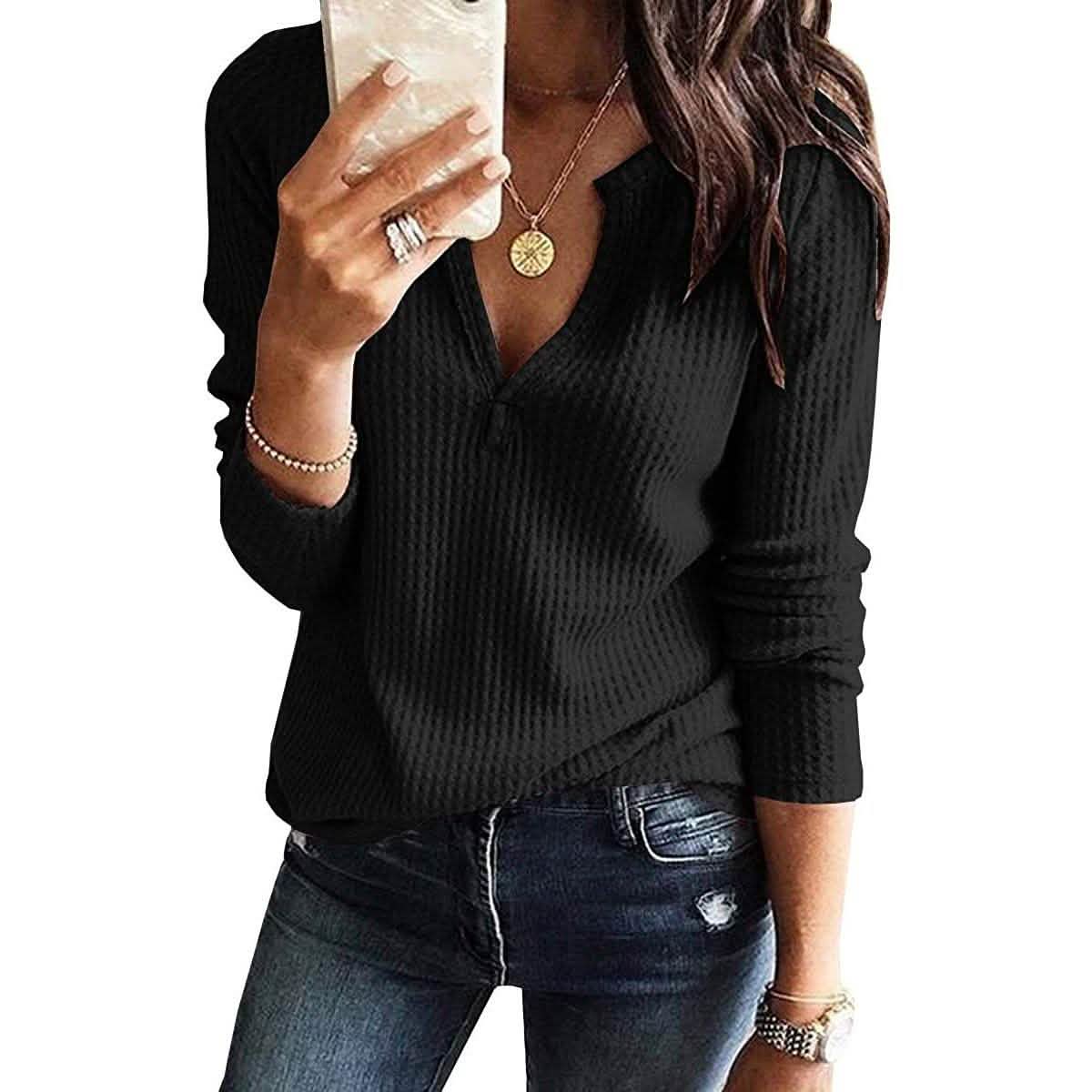 Hauts Henley en maille gaufrée à col en V pour femmes