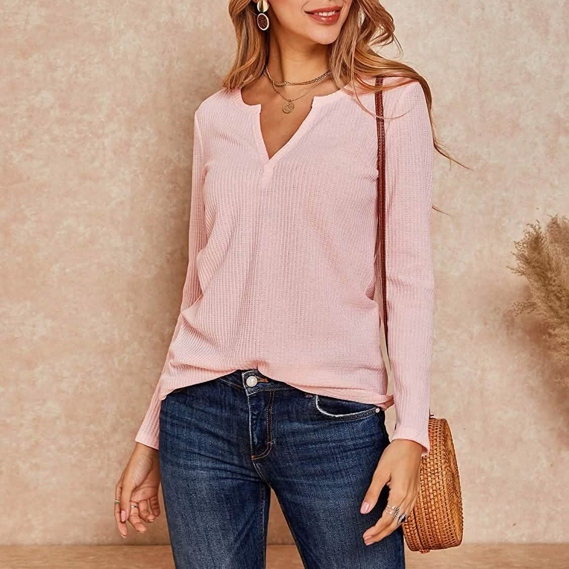 Hauts Henley en maille gaufrée à col en V pour femmes
