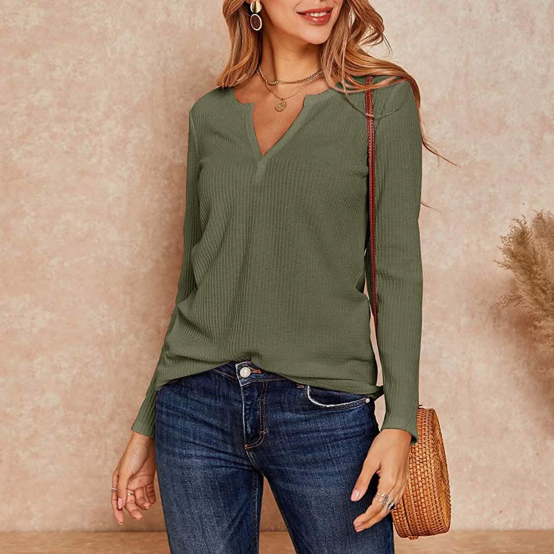 Hauts Henley en maille gaufrée à col en V pour femmes