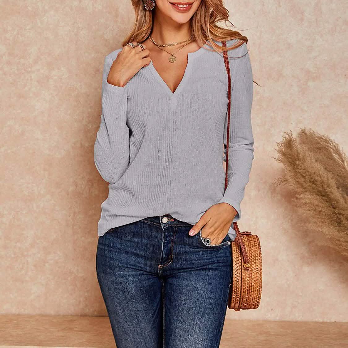 Hauts Henley en maille gaufrée à col en V pour femmes