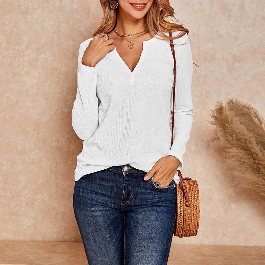 Hauts Henley en maille gaufrée à col en V pour femmes